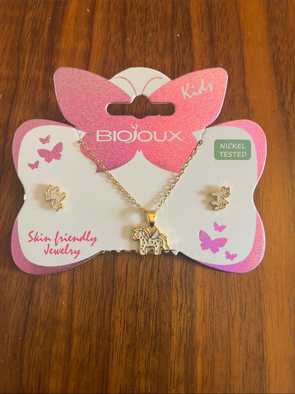 Kids Gold Pony Necklace & Stud Earrings - Pink Accent